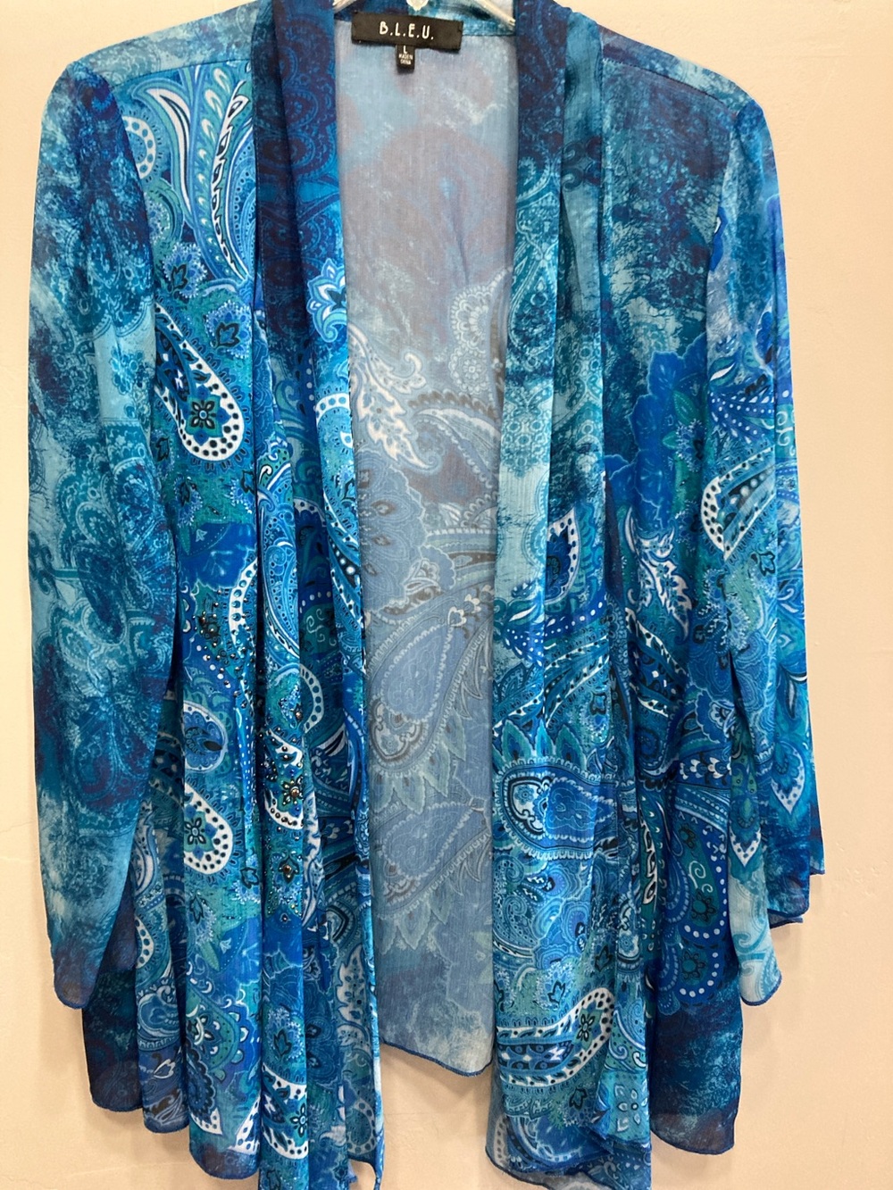 B.L.E.U. Blue Paisley Open-Front Draped Jacket